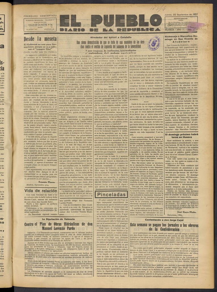 Miniatura de El Pueblo (Huesca. 1932) del 20 de septiembre de 1934