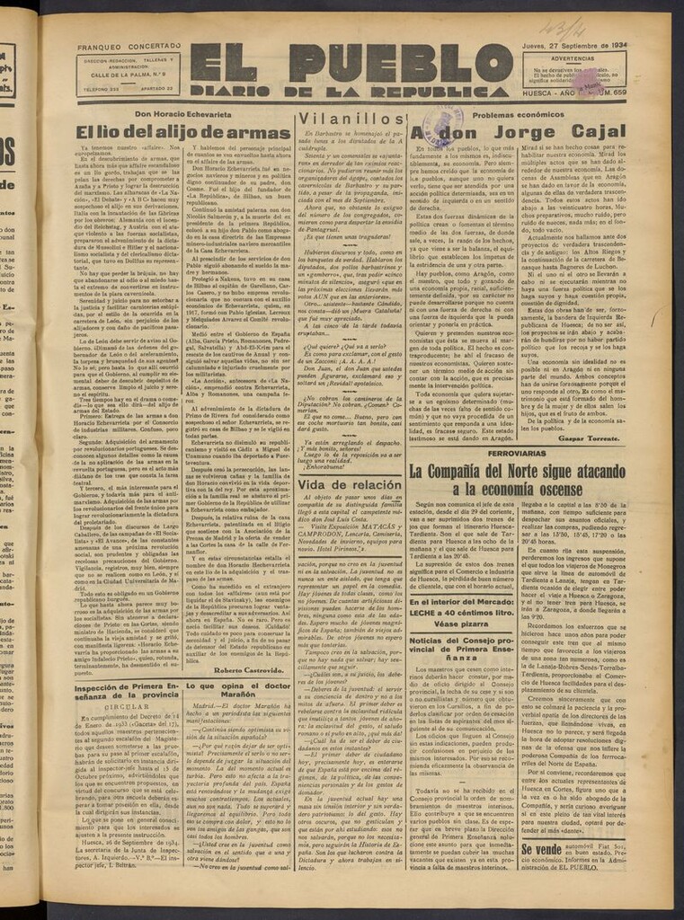 Miniatura de El Pueblo (Huesca. 1932) del 27 de septiembre de 1934