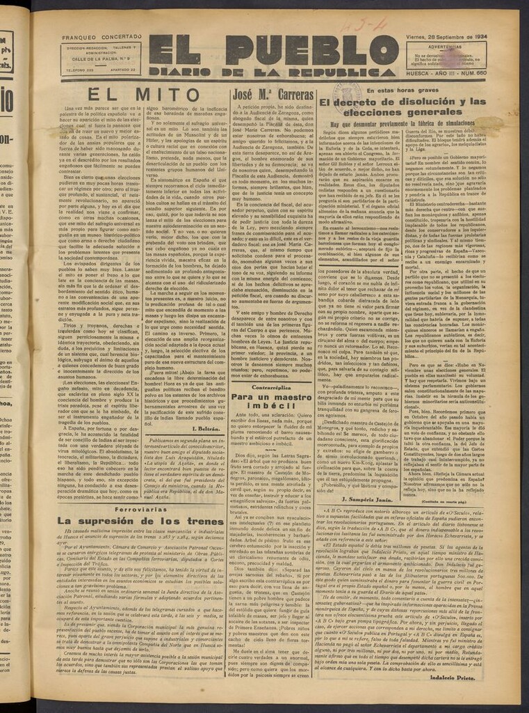 Miniatura de El Pueblo (Huesca. 1932) del 28 de septiembre de 1934
