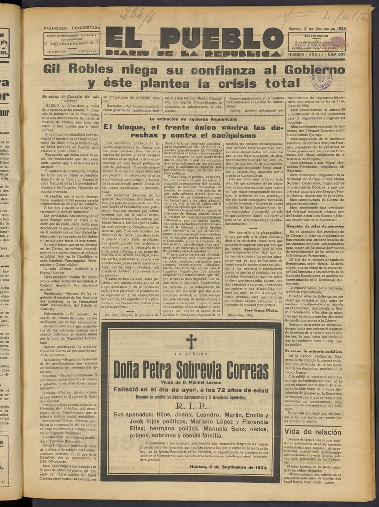Miniatura de El Pueblo (Huesca. 1932) del 2 de octubre de 1934