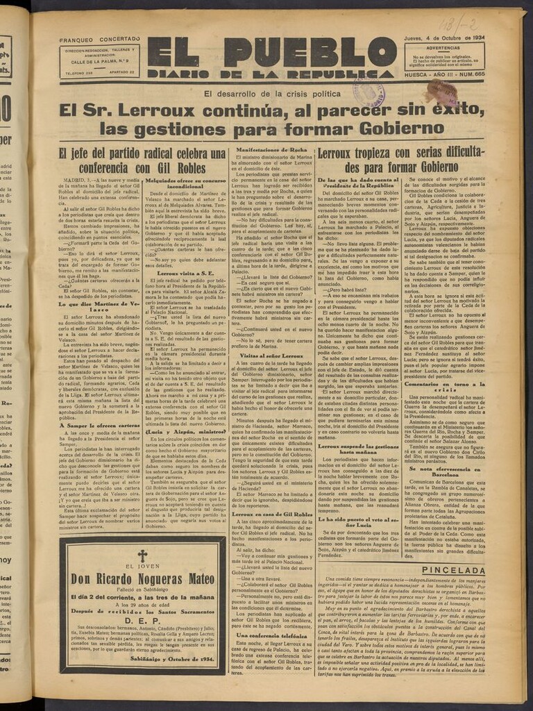Miniatura de El Pueblo (Huesca. 1932) del 4 de octubre de 1934