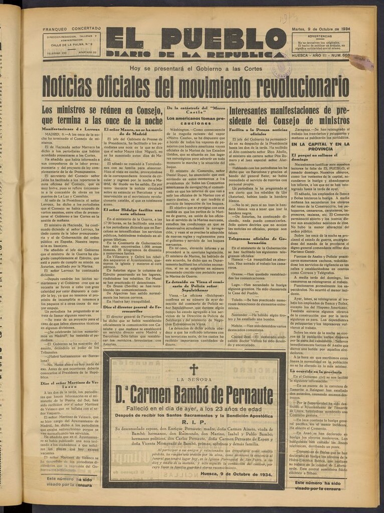 Miniatura de El Pueblo (Huesca. 1932) del 9 de octubre de 1934