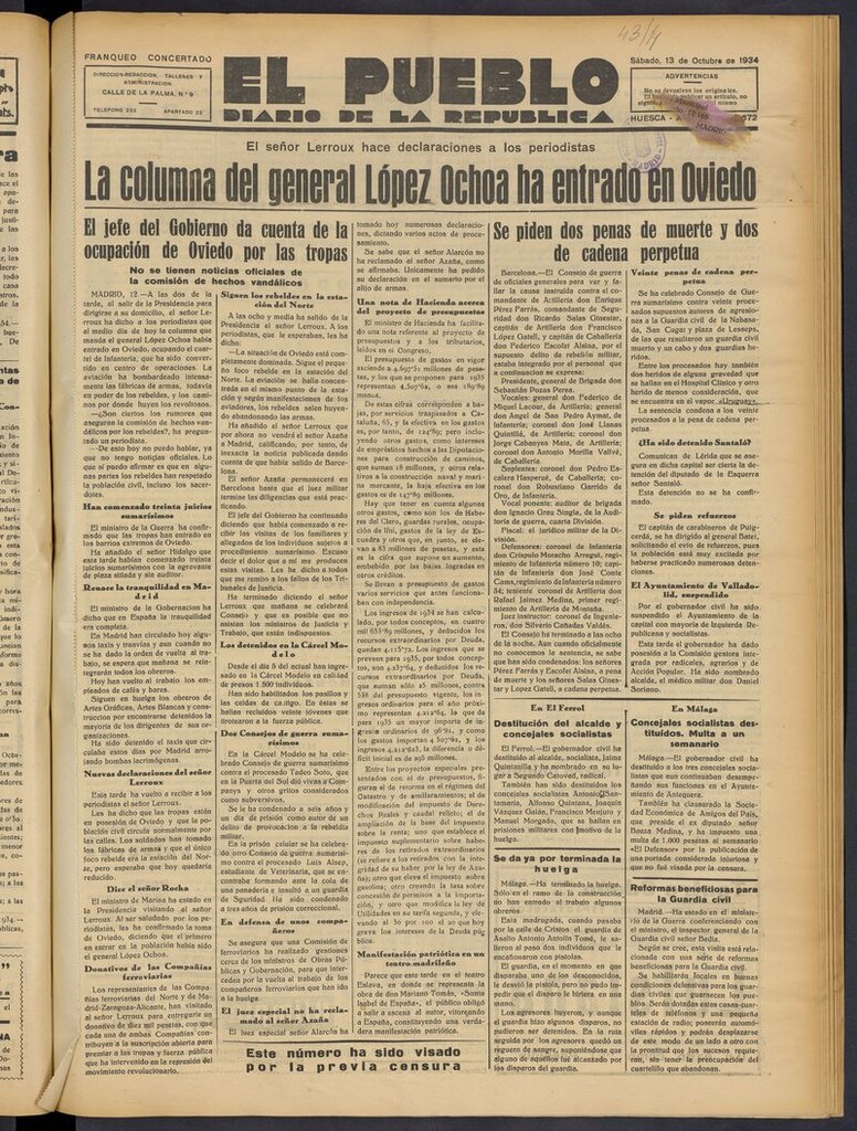 Miniatura de El Pueblo (Huesca. 1932) del 13 de octubre de 1934