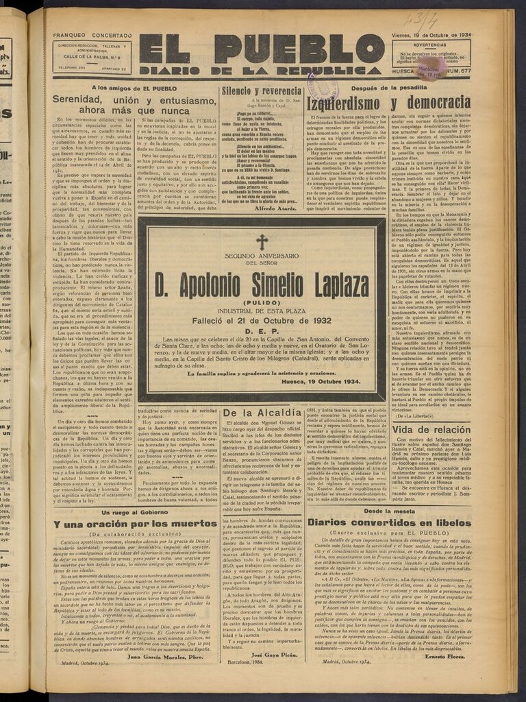 Miniatura de El Pueblo (Huesca. 1932) del 19 de octubre de 1934