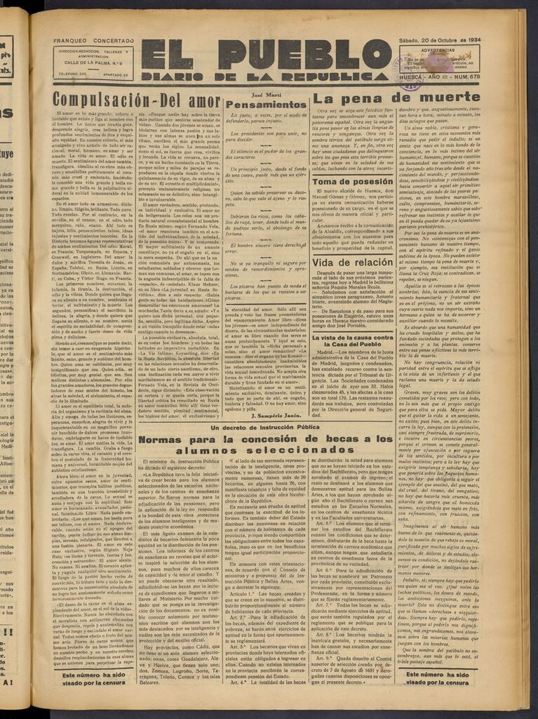 Miniatura de El Pueblo (Huesca. 1932) del 20 de octubre de 1934