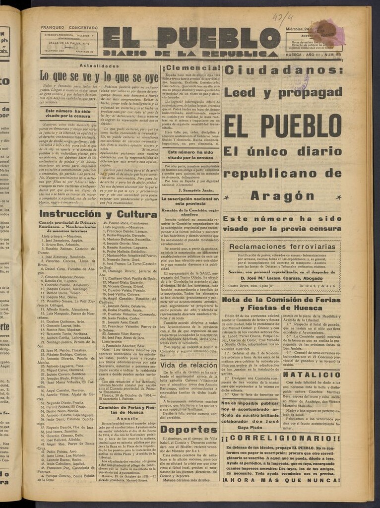 Miniatura de El Pueblo (Huesca. 1932) del 24 de octubre de 1934