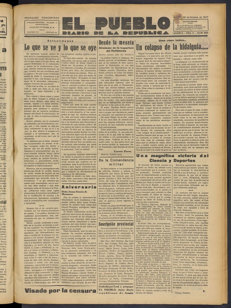 Miniatura de El Pueblo (Huesca. 1932) del 26 de octubre de 1934