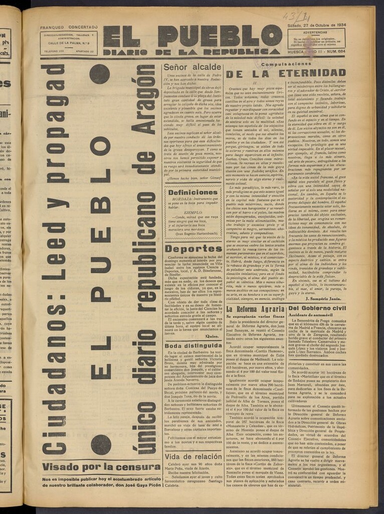 Miniatura de El Pueblo (Huesca. 1932) del 27 de octubre de 1934