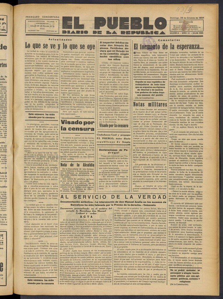 Miniatura de El Pueblo (Huesca. 1932) del 28 de octubre de 1934