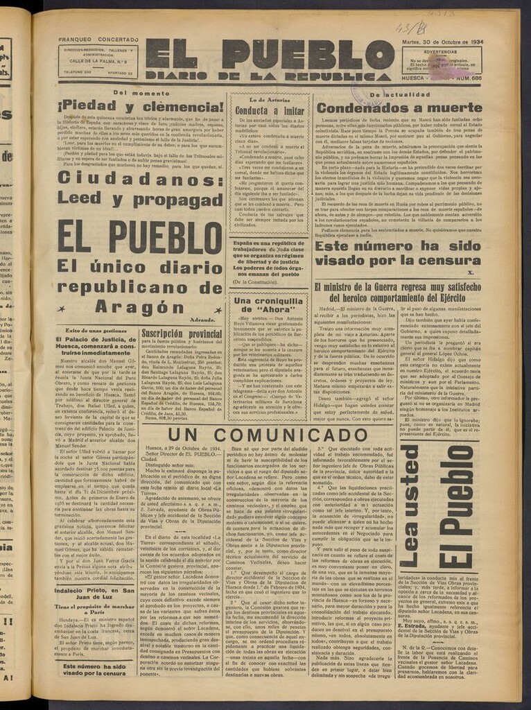 Miniatura de El Pueblo (Huesca. 1932) del 30 de octubre de 1934
