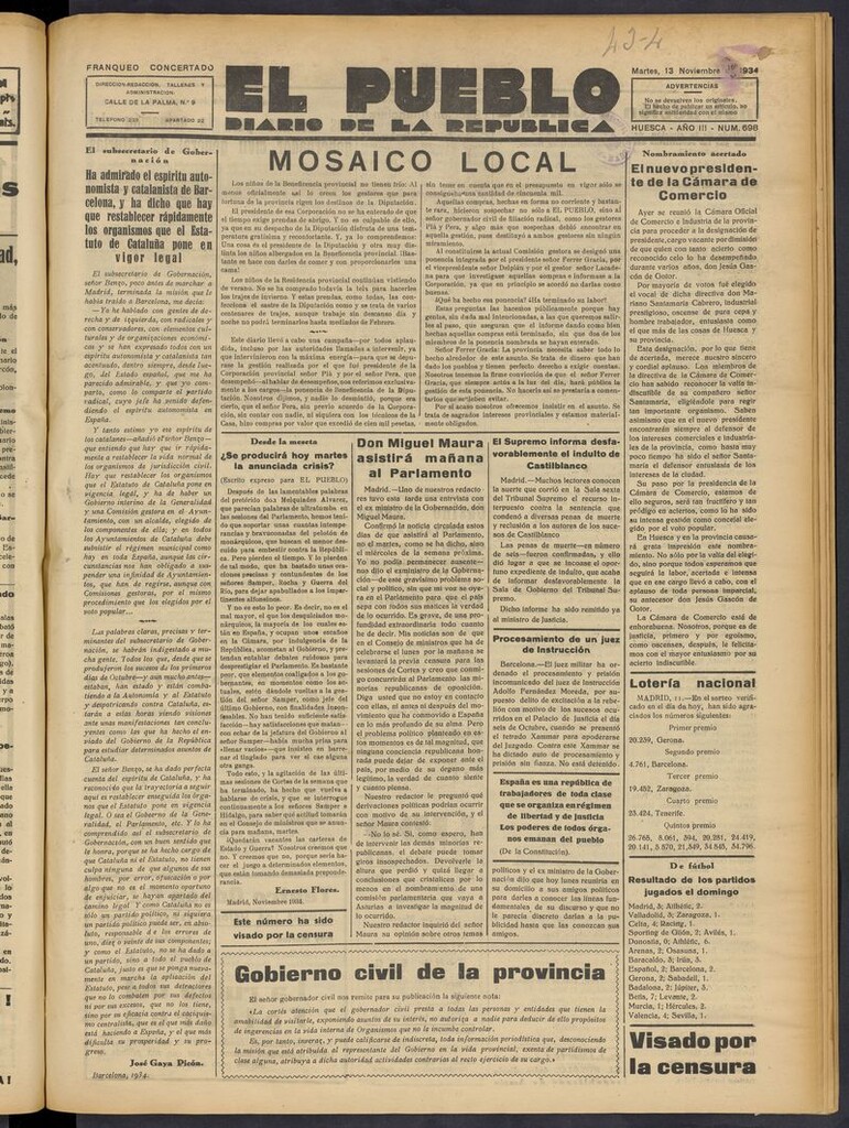 Miniatura de El Pueblo (Huesca. 1932) del 13 de noviembre de 1934
