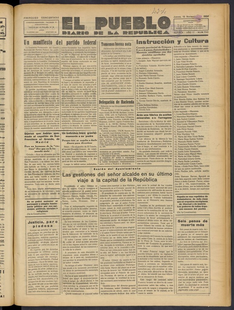 Miniatura de El Pueblo (Huesca. 1932) del 15 de noviembre de 1934