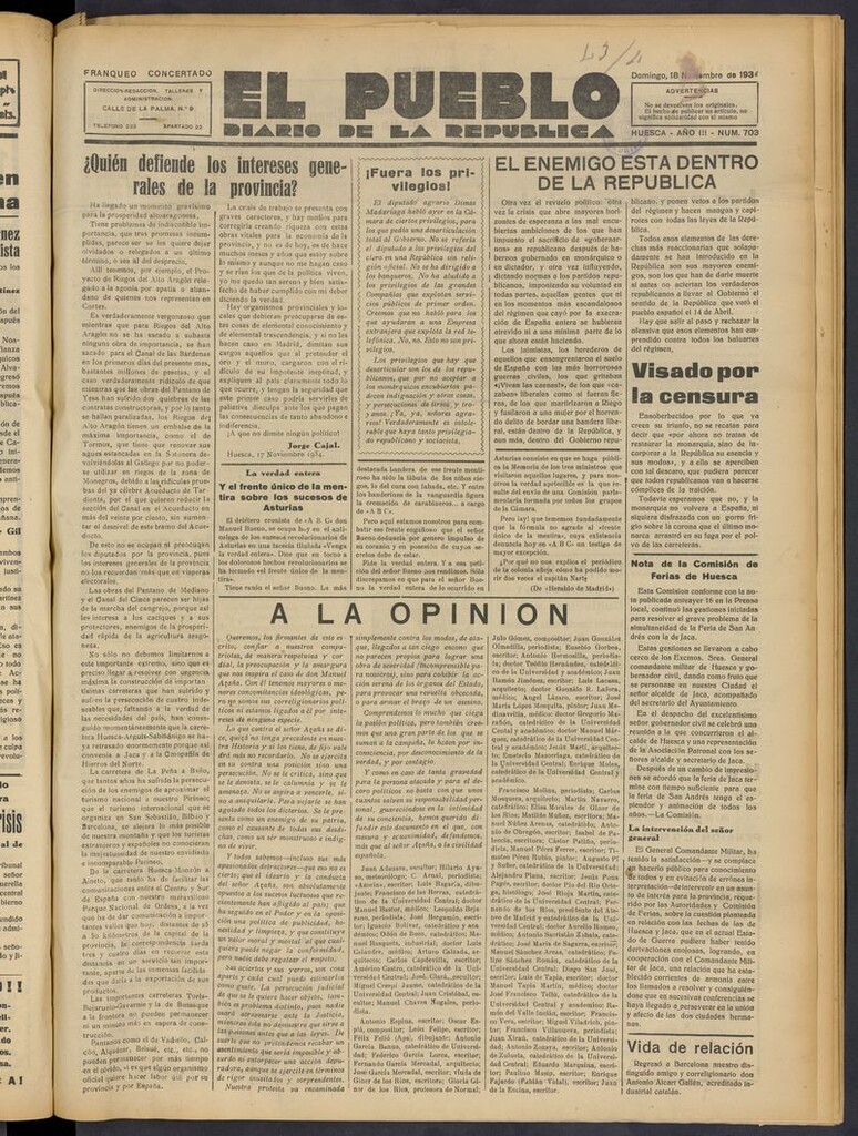 Miniatura de El Pueblo (Huesca. 1932) del 18 de noviembre de 1934