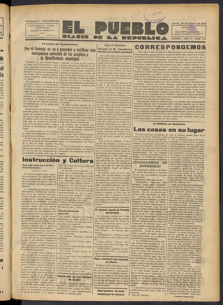 Miniatura de El Pueblo (Huesca. 1932) del 29 de noviembre de 1934