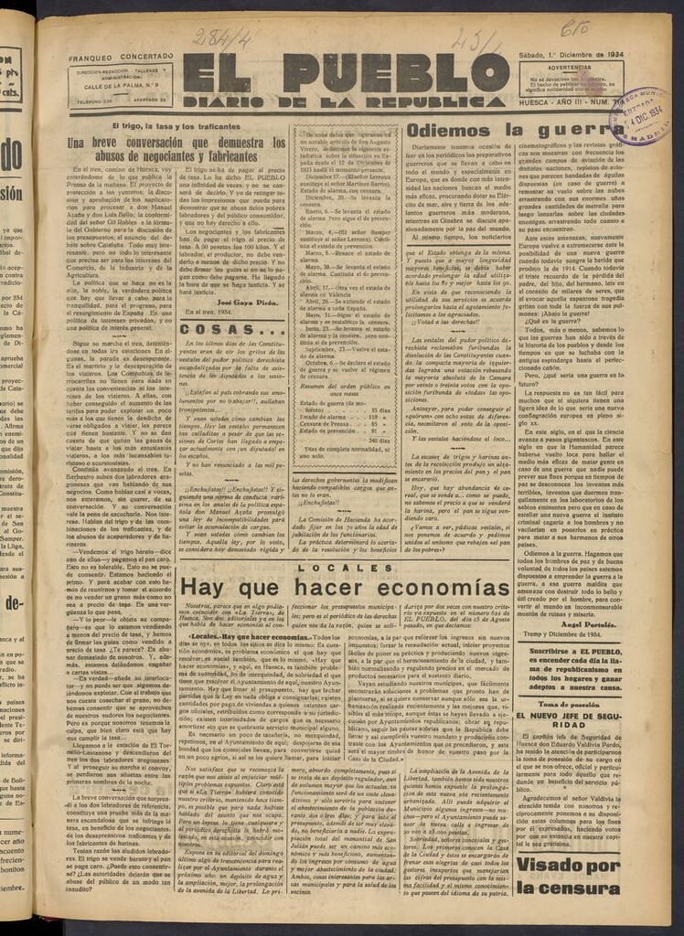 Miniatura de El Pueblo (Huesca. 1932) del 1 de diciembre de 1934