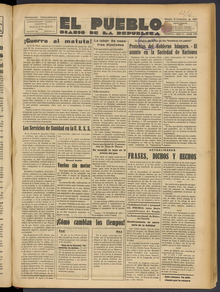 Miniatura de El Pueblo (Huesca. 1932) del 8 de diciembre de 1934