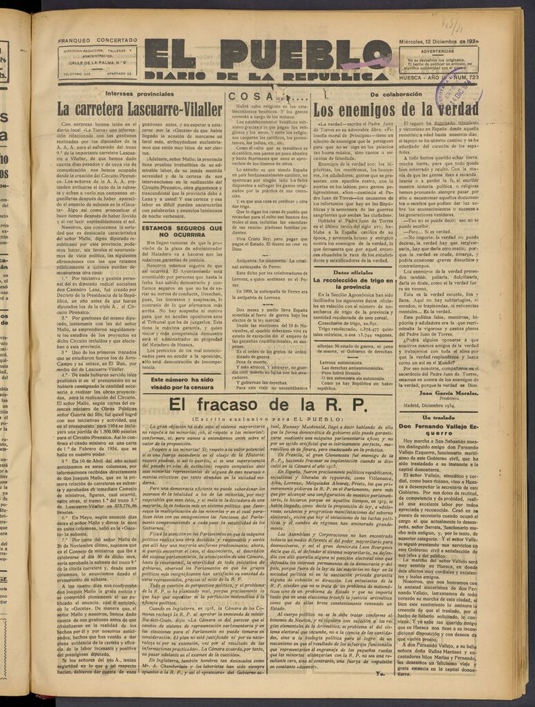 Miniatura de El Pueblo (Huesca. 1932) del 12 de diciembre de 1934