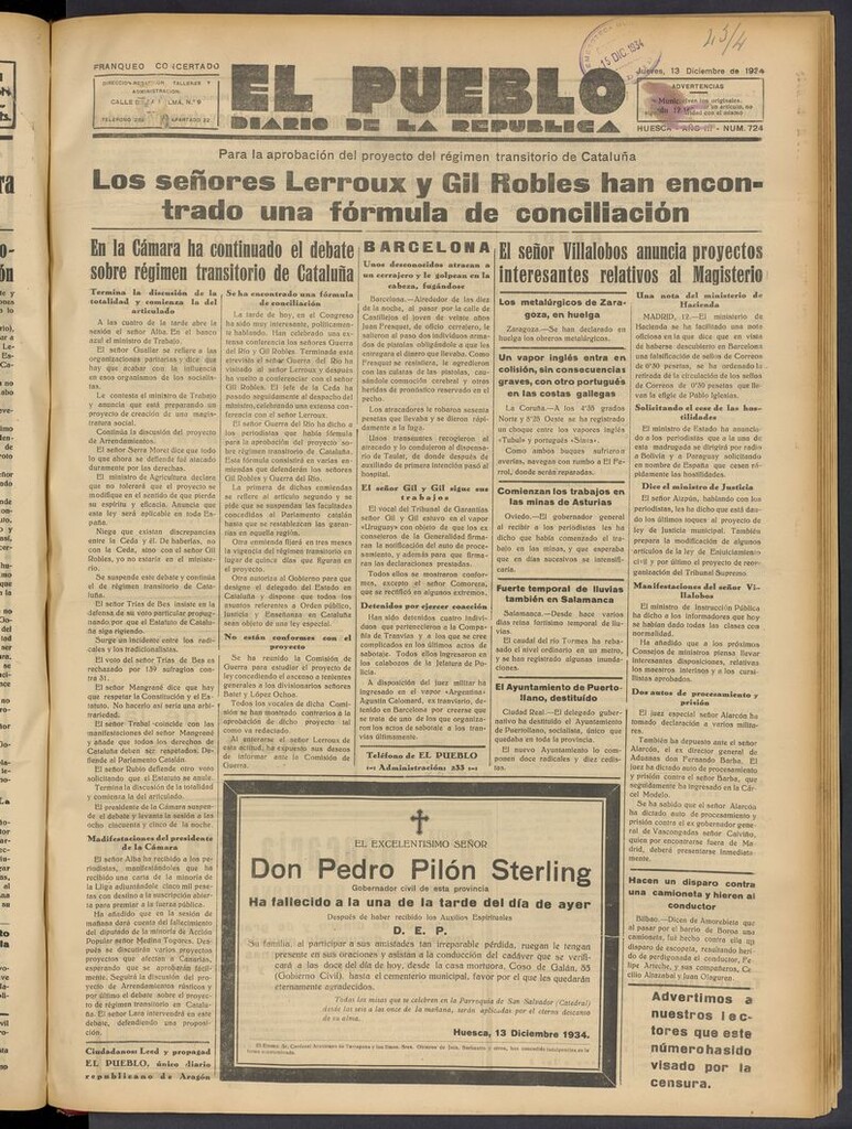 Miniatura de El Pueblo (Huesca. 1932) del 13 de diciembre de 1934