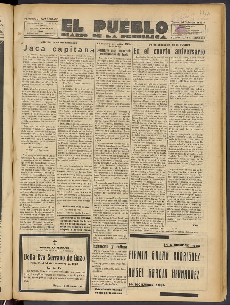 Miniatura de El Pueblo (Huesca. 1932) del 14 de diciembre de 1934