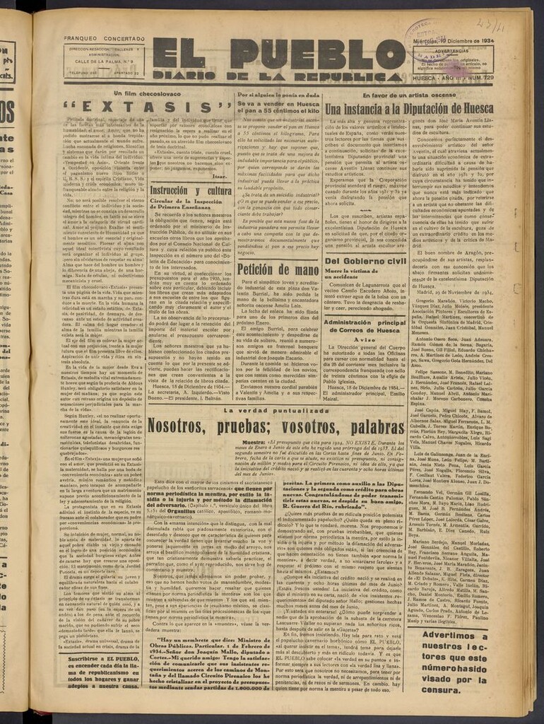 Miniatura de El Pueblo (Huesca. 1932) del 19 de diciembre de 1934