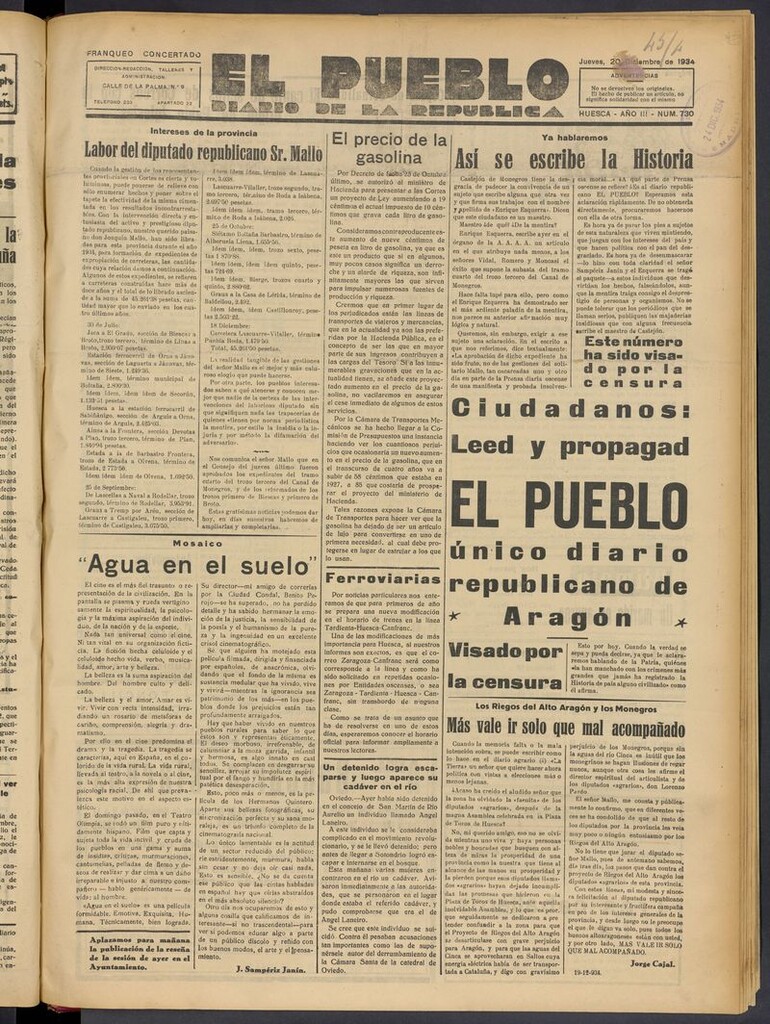 Miniatura de El Pueblo (Huesca. 1932) del 20 de diciembre de 1934