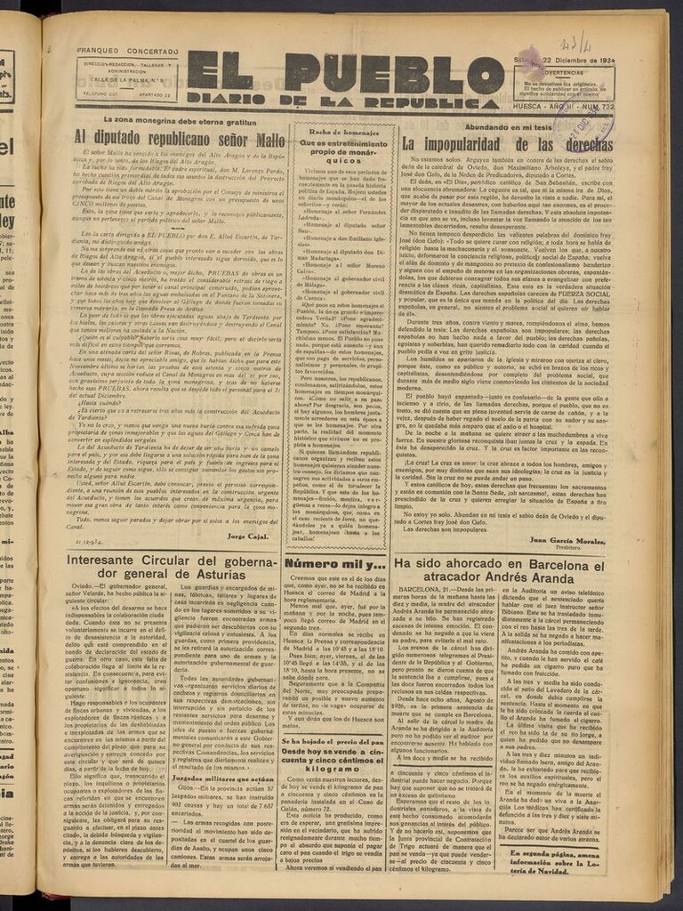 Miniatura de El Pueblo (Huesca. 1932) del 22 de diciembre de 1934