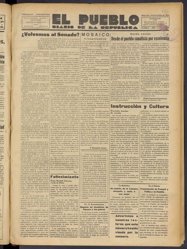 Miniatura de El Pueblo (Huesca. 1932) del 26 de diciembre de 1934