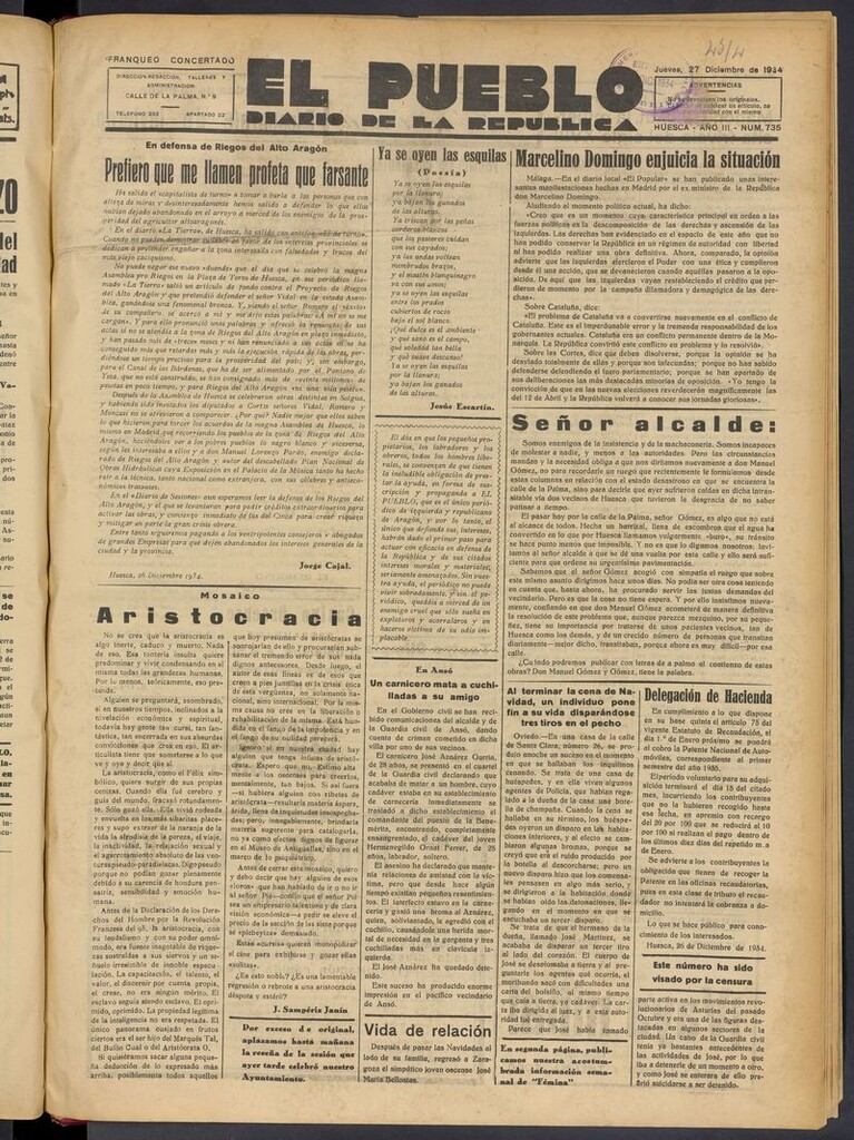 Miniatura de El Pueblo (Huesca. 1932) del 27 de diciembre de 1934
