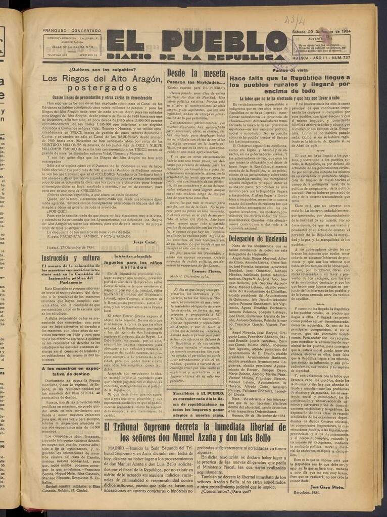 Miniatura de El Pueblo (Huesca. 1932) del 29 de diciembre de 1934