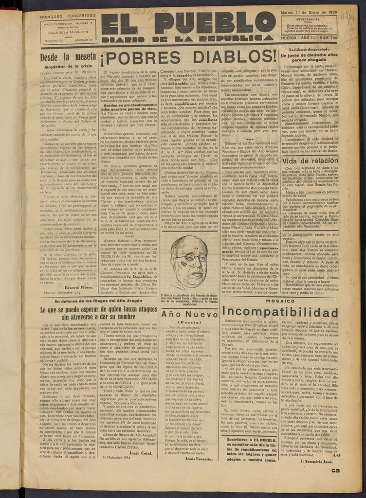 Miniatura de El Pueblo (Huesca. 1932) del 1 de enero de 1935