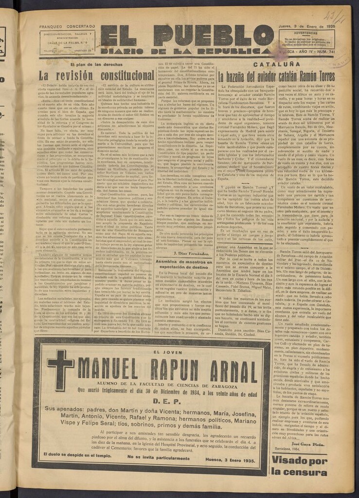 Miniatura de El Pueblo (Huesca. 1932) del 3 de enero de 1935