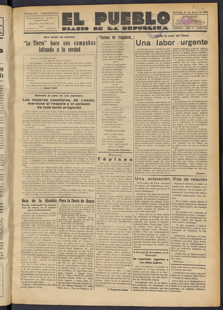 Miniatura de El Pueblo (Huesca. 1932) del 6 de enero de 1935