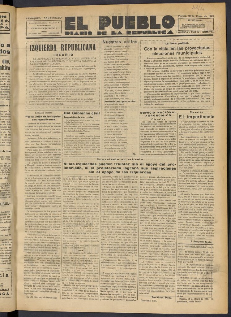Miniatura de El Pueblo (Huesca. 1932) del 18 de enero de 1935