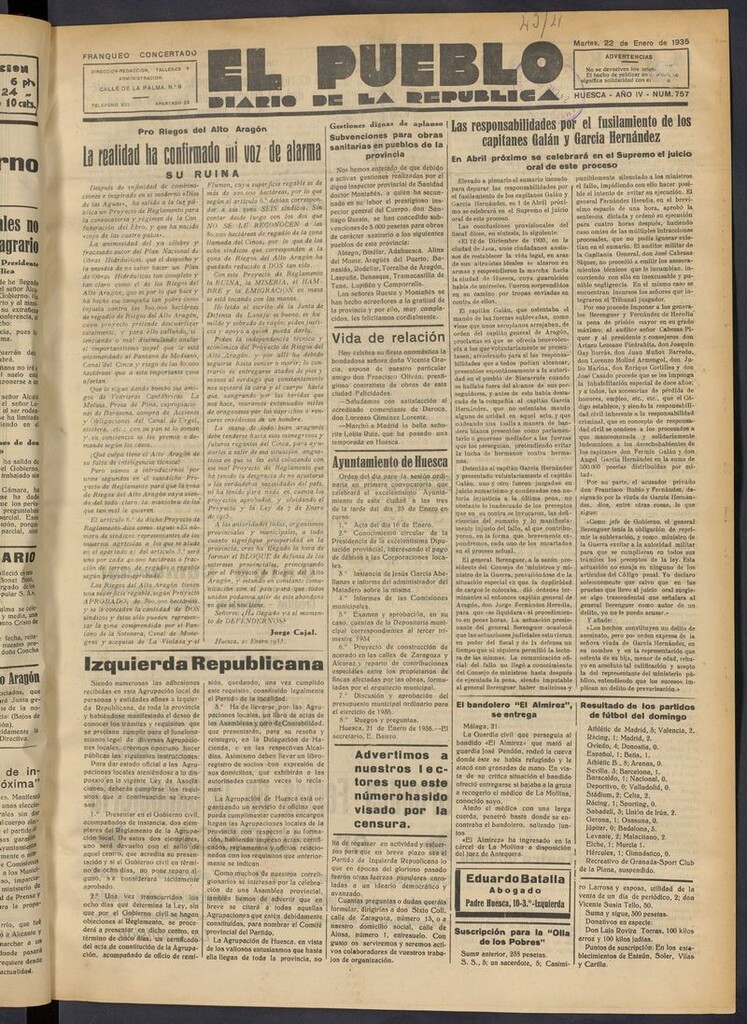 Miniatura de El Pueblo (Huesca. 1932) del 22 de enero de 1935