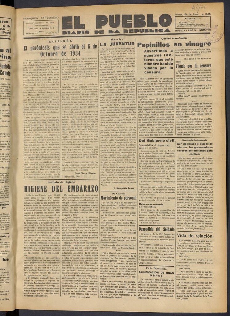 Miniatura de El Pueblo (Huesca. 1932) del 24 de enero de 1935