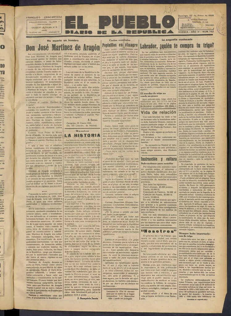 Miniatura de El Pueblo (Huesca. 1932) del 27 de enero de 1935