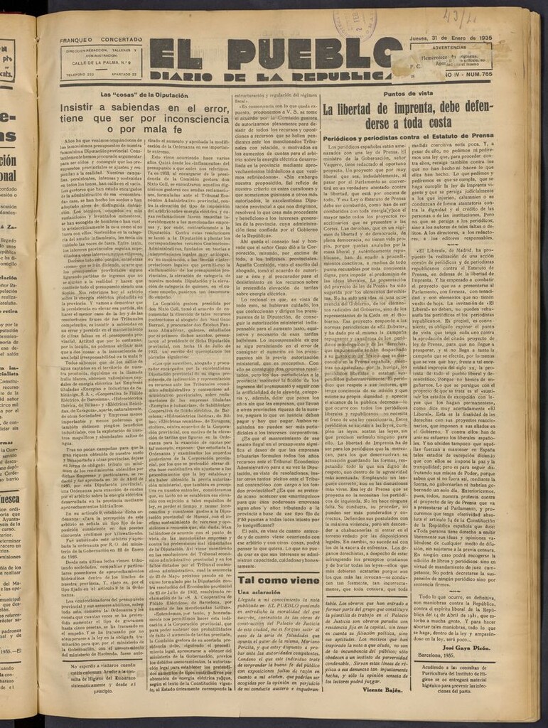 Miniatura de El Pueblo (Huesca. 1932) del 31 de enero de 1935