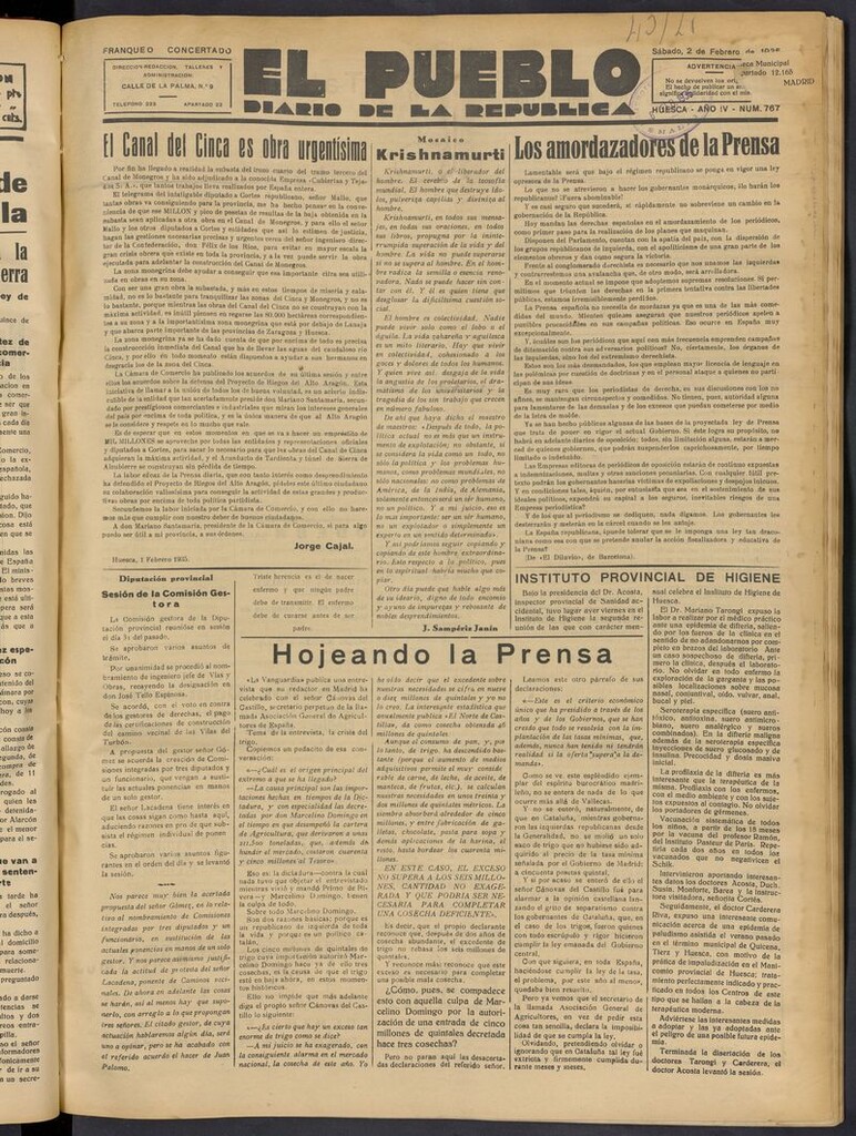 Miniatura de El Pueblo (Huesca. 1932) del 2 de febrero de 1935