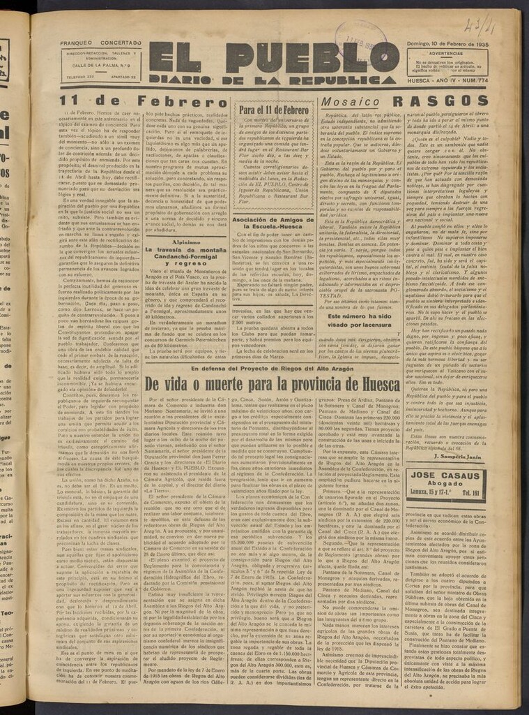 Miniatura de El Pueblo (Huesca. 1932) del 10 de febrero de 1935