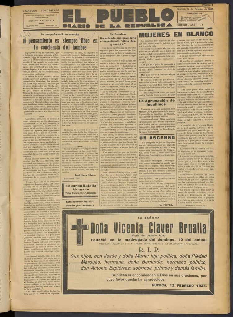 Miniatura de El Pueblo (Huesca. 1932) del 12 de febrero de 1935