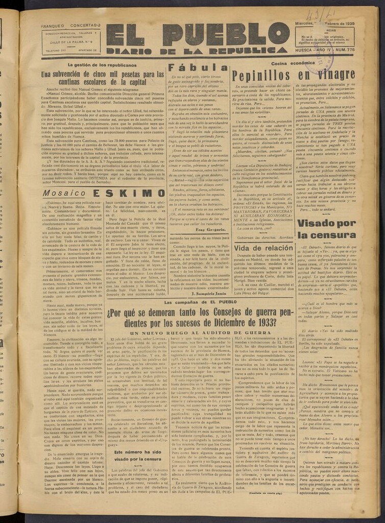 Miniatura de El Pueblo (Huesca. 1932) del 13 de febrero de 1935