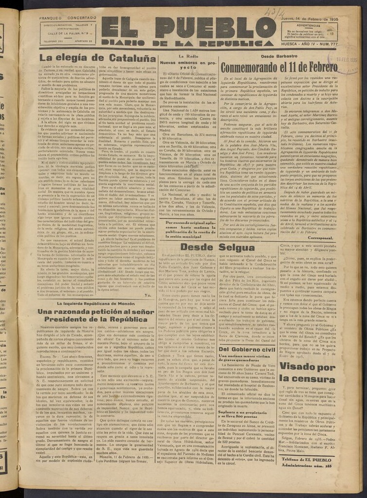Miniatura de El Pueblo (Huesca. 1932) del 14 de febrero de 1935