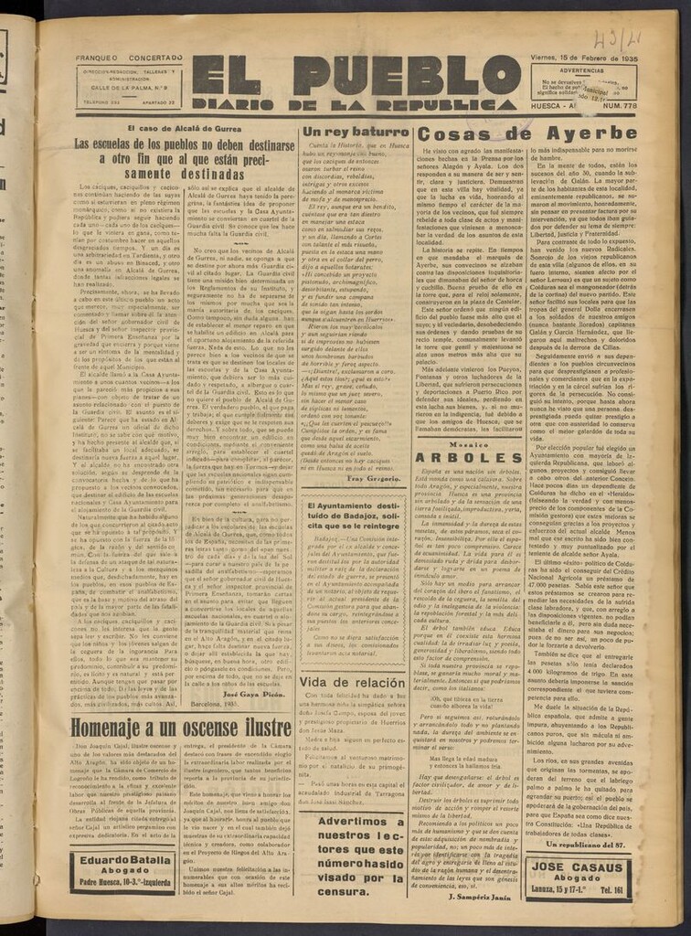 Miniatura de El Pueblo (Huesca. 1932) del 15 de febrero de 1935
