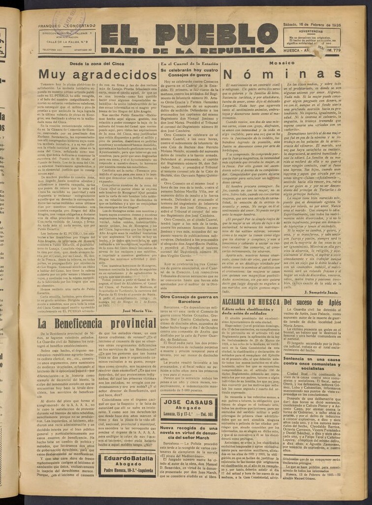 Miniatura de El Pueblo (Huesca. 1932) del 16 de febrero de 1935