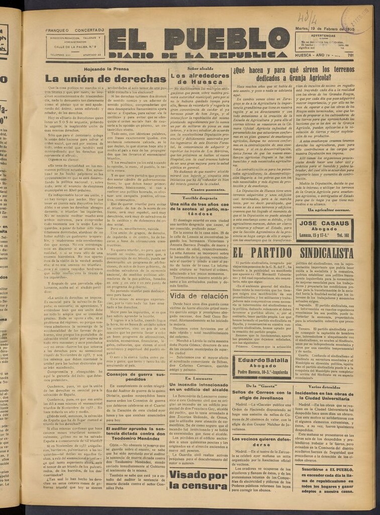 Miniatura de El Pueblo (Huesca. 1932) del 19 de febrero de 1935