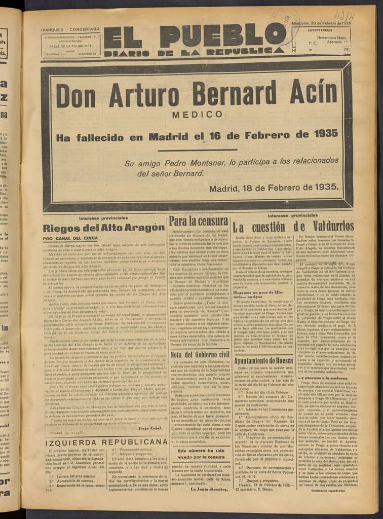 Miniatura de El Pueblo (Huesca. 1932) del 20 de febrero de 1935