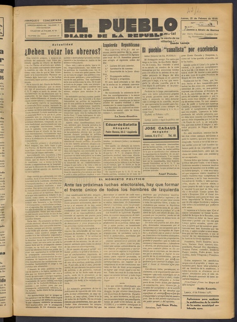 Miniatura de El Pueblo (Huesca. 1932) del 21 de febrero de 1935