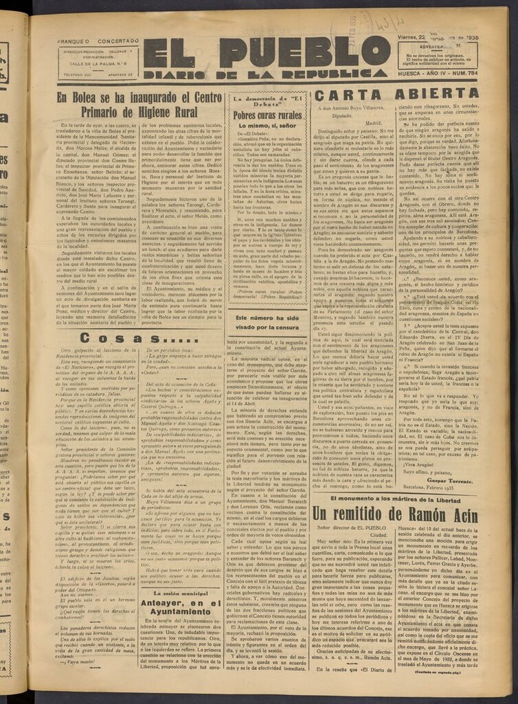 Miniatura de El Pueblo (Huesca. 1932) del 22 de febrero de 1935