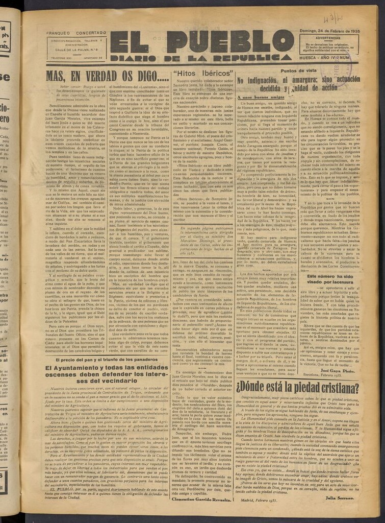 Miniatura de El Pueblo (Huesca. 1932) del 24 de febrero de 1935