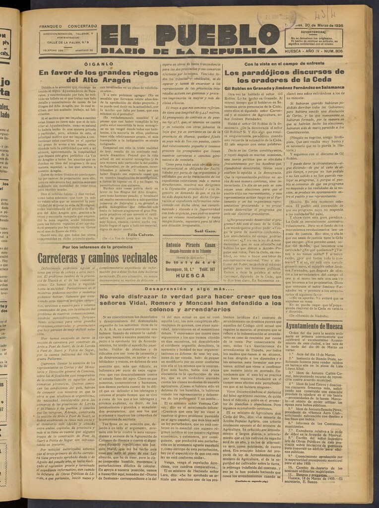Miniatura de El Pueblo (Huesca. 1932) del 20 de marzo de 1935